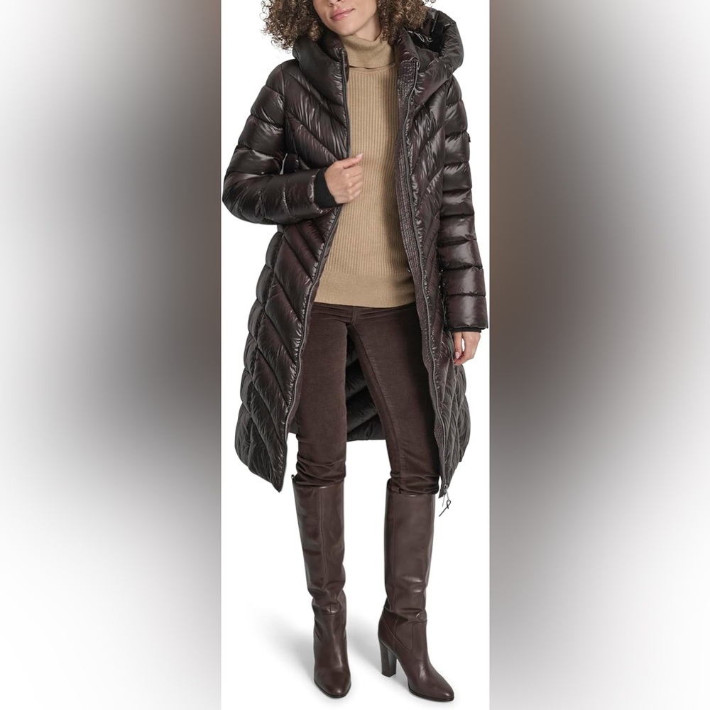 DKNY Puffer Coat XL Brown Shiny Hooded Long‎ Winter Parka New with Tags